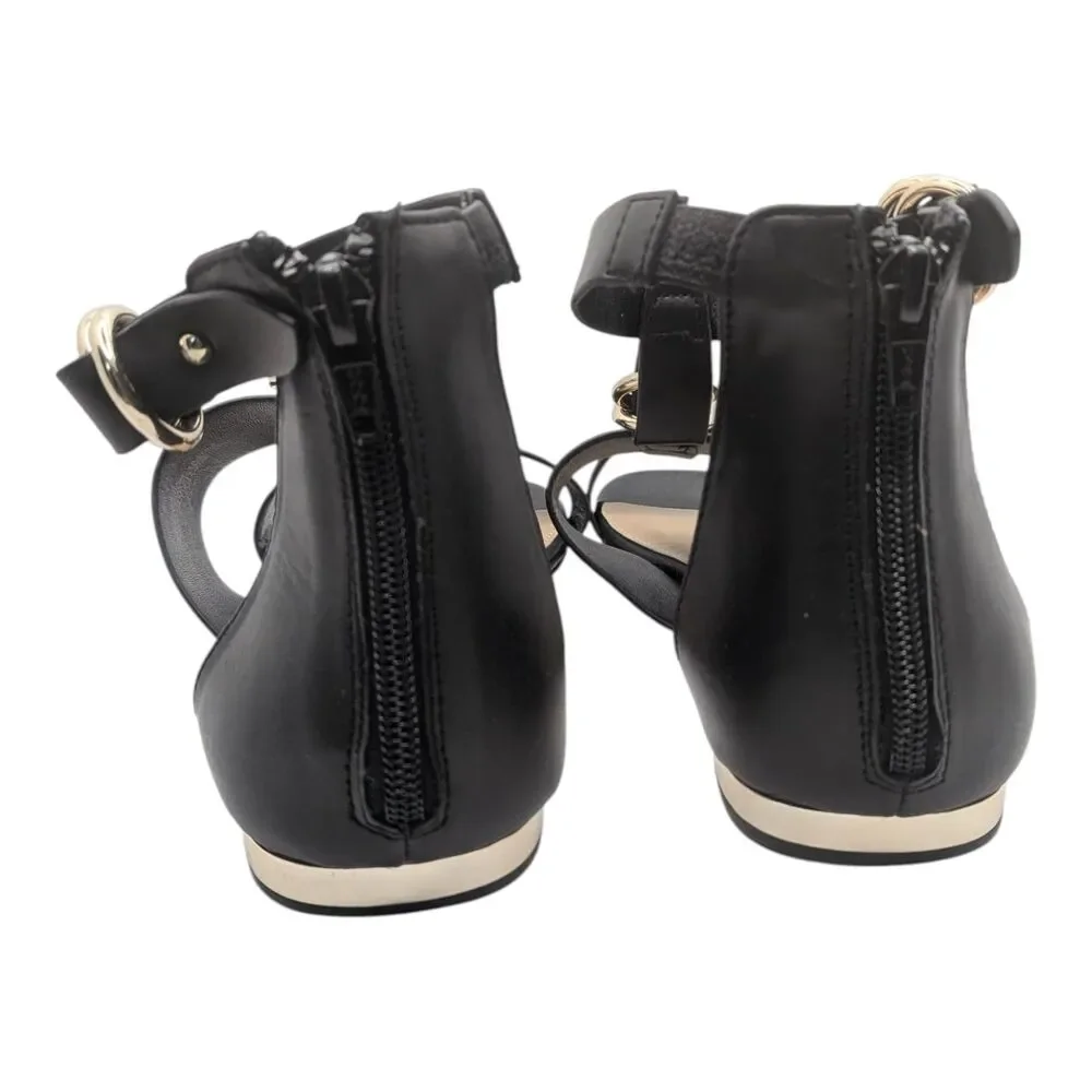 Women's Apt 9 Black Faux Leather Gladiator Sandals Size 9.5 Zip Back Gold Buckle